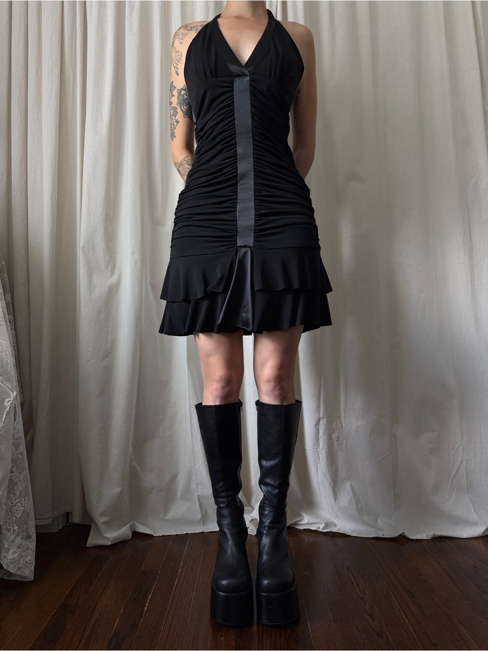 Vintage Jessica McClintock Black Ruched Halter Mini Dress Women's Size 10 | Y2K